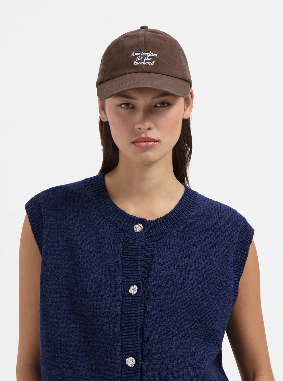 Brown cap with blue embroidery 'Amsterdam for the Weekend' by Nous Sommes Labels