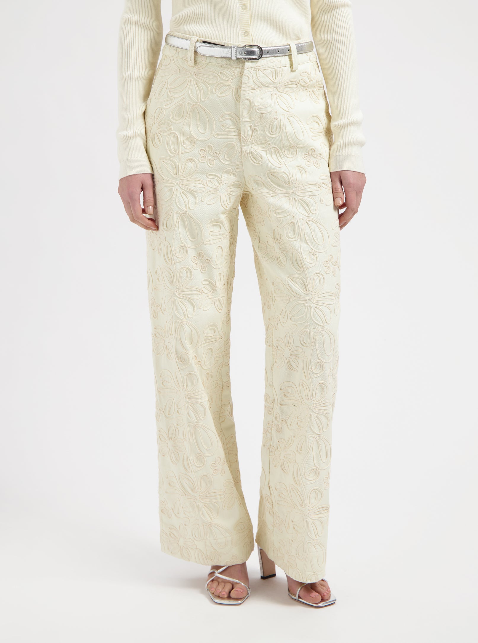Cream embroidered pants by Nous Sommes Labels