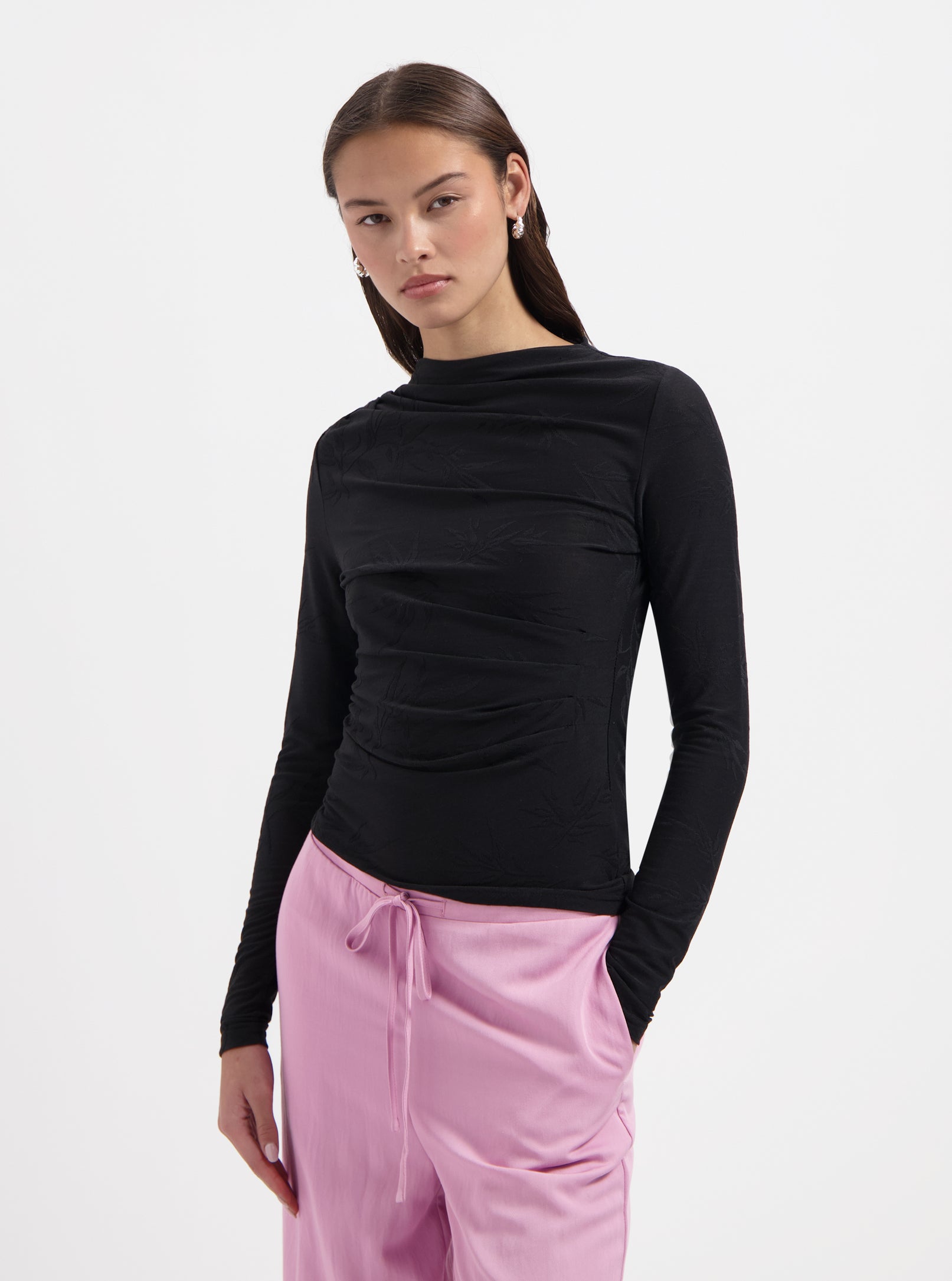Black draped longsleeve top with high neckline by Nous Sommes Labels