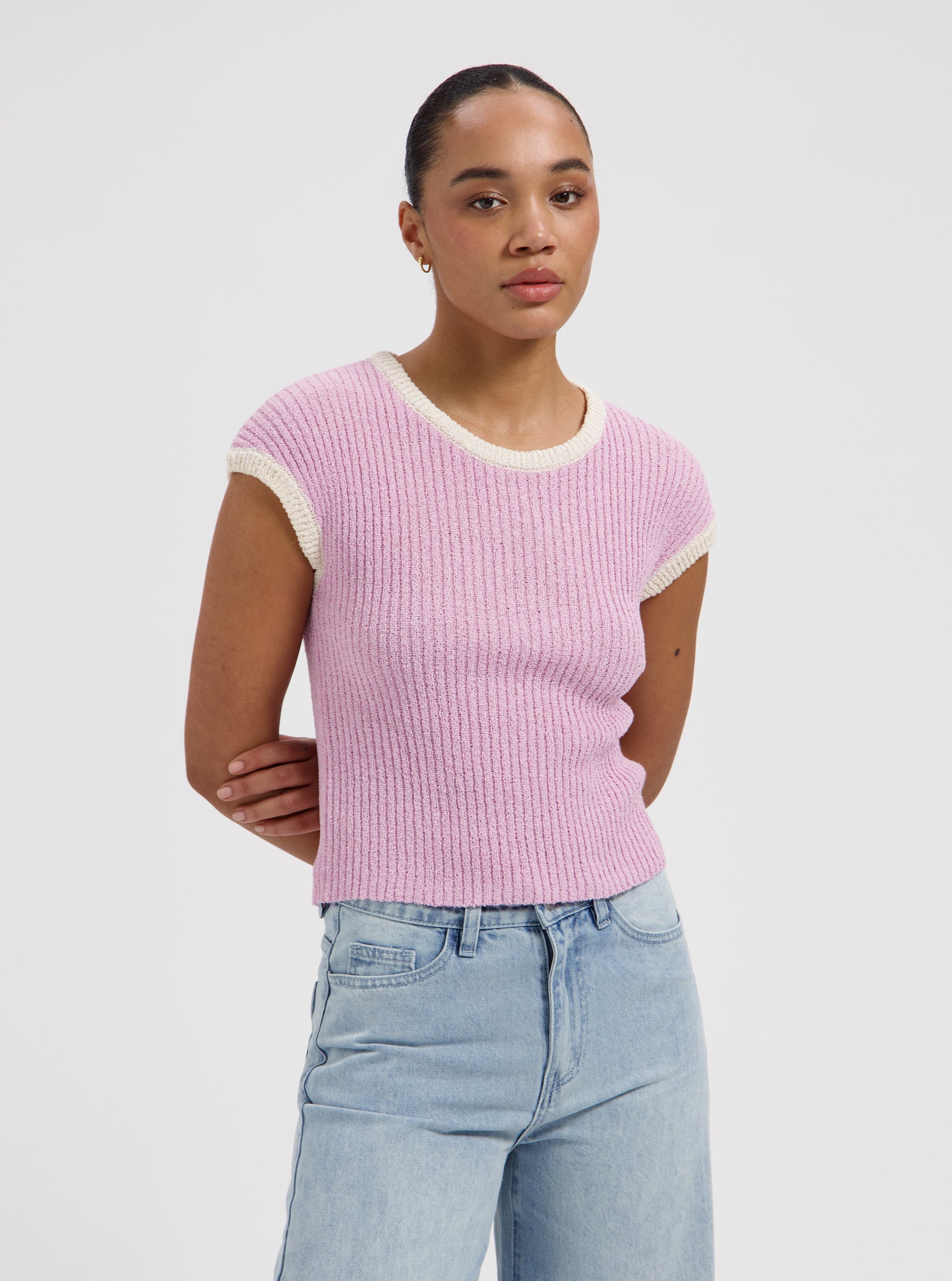 Pink textured knit cap sleeve top with contrast trim by Nous Sommes Labels