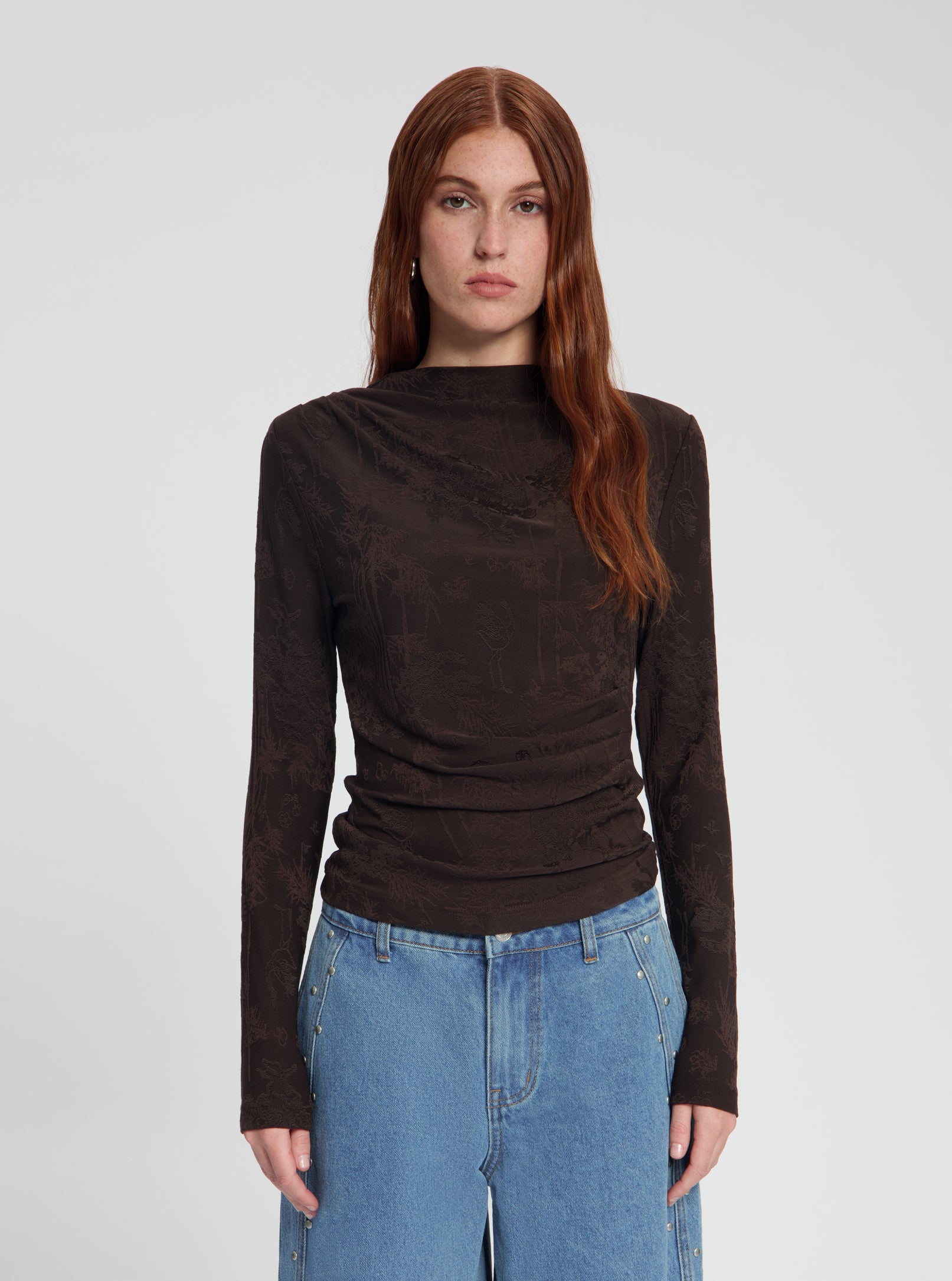 Model wearing Edie LS top in brown - NOUS SOMMES LABELS