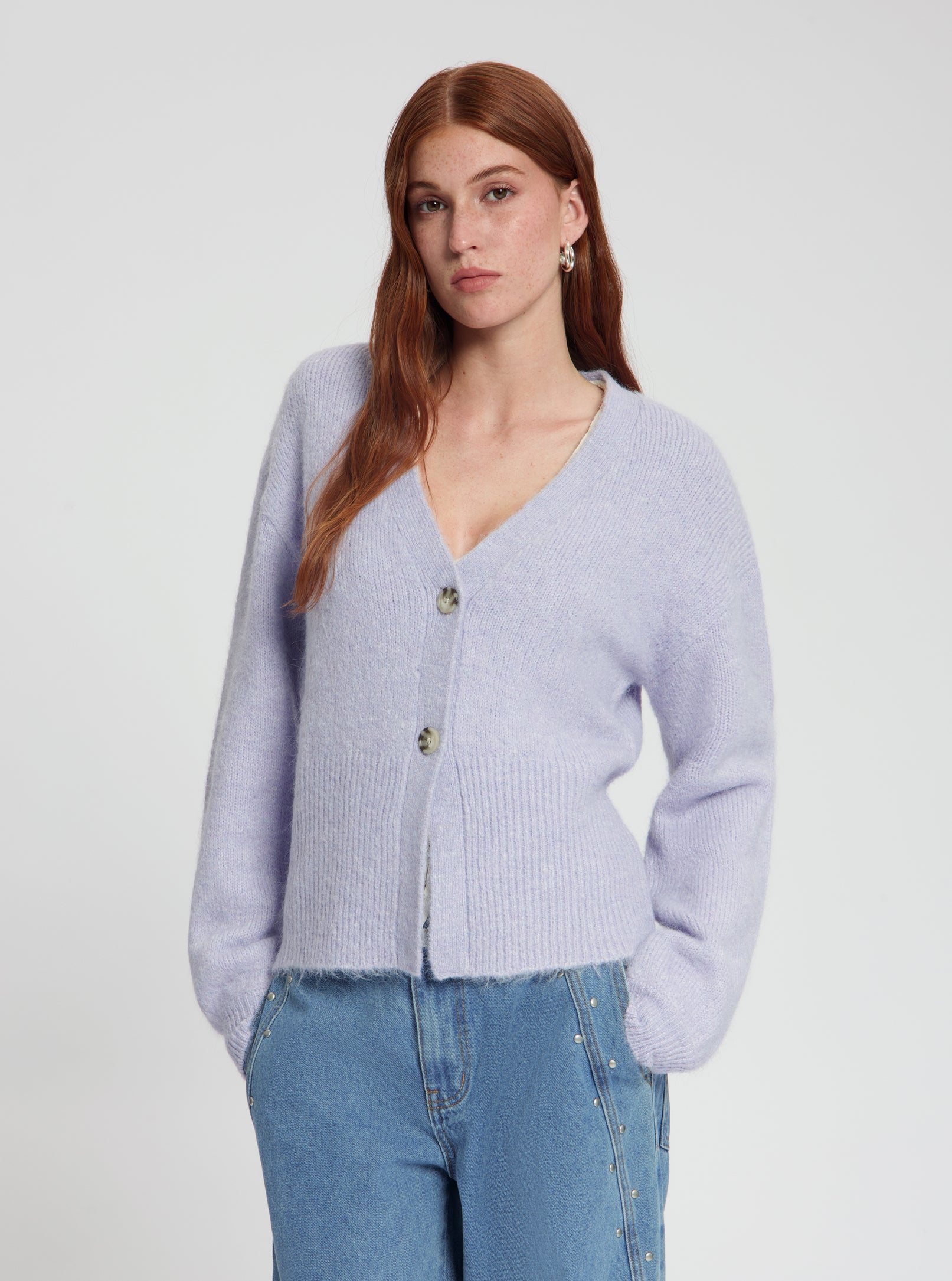 Model wearing Brooke fuzzy Cardigan in purple - NOUS SOMMES LABELS