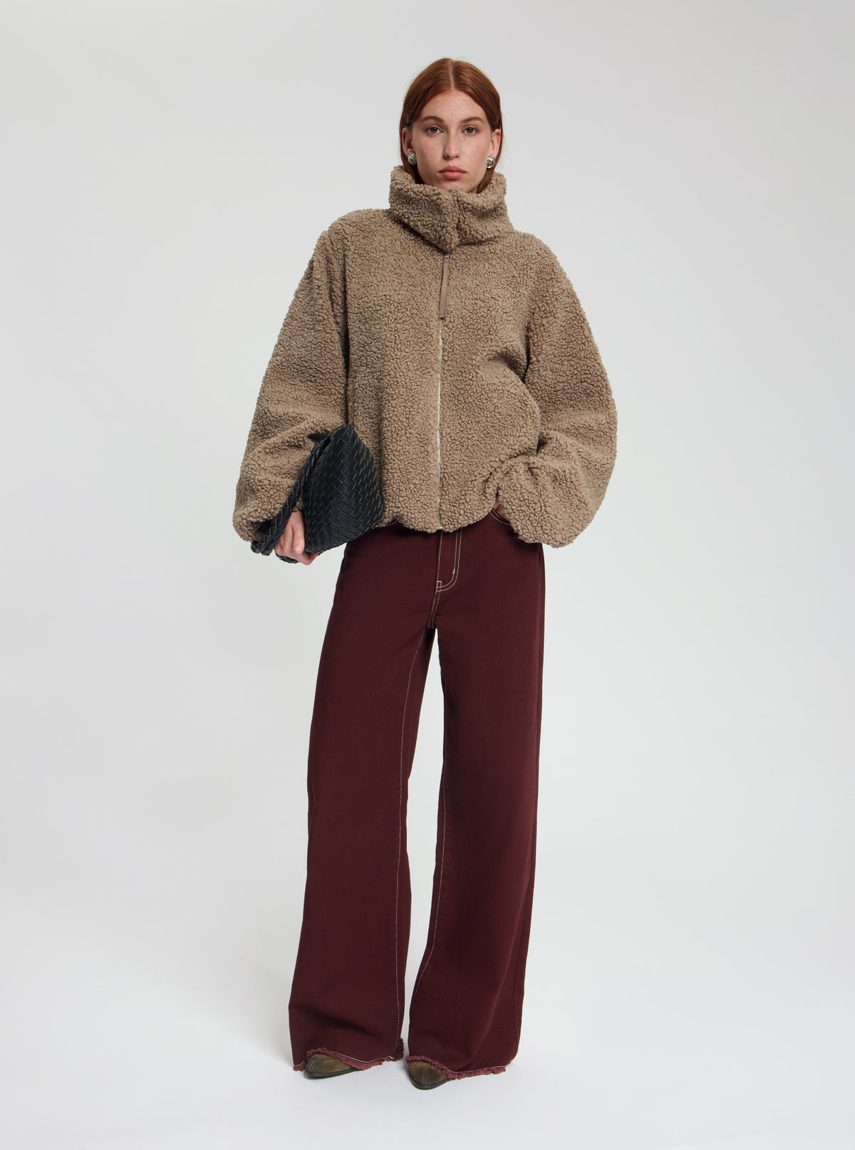 Model wearing Fay teddy jacket in grey - NOUS SOMMES LABELS