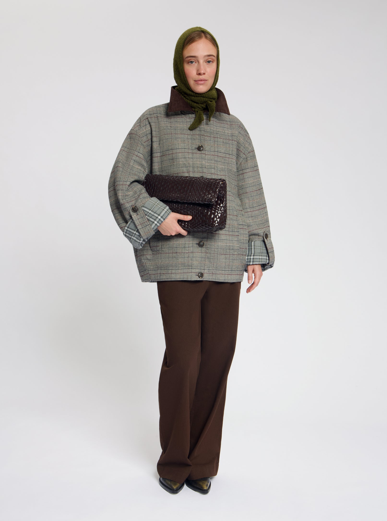 Model wearing the Jenny Check Jacket in Light Grey - NOUS SOMMES LABELS