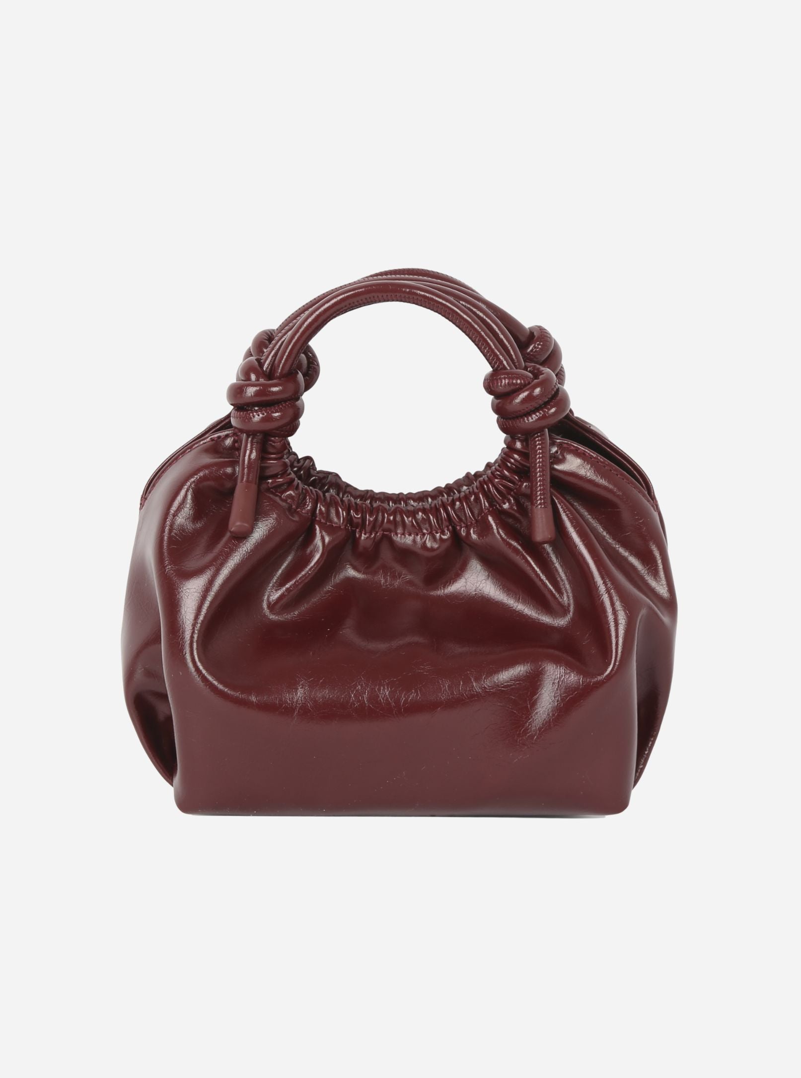 HVISK Jolly Raw Structure bag in deep burgundy - glossy patent leather rounded tote with knotted top handles and ruched drawstring opening