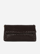 HVISK Arlene Braided Raw Structure bag in umber brown - woven leather clutch with fold-over flap and gold hardware