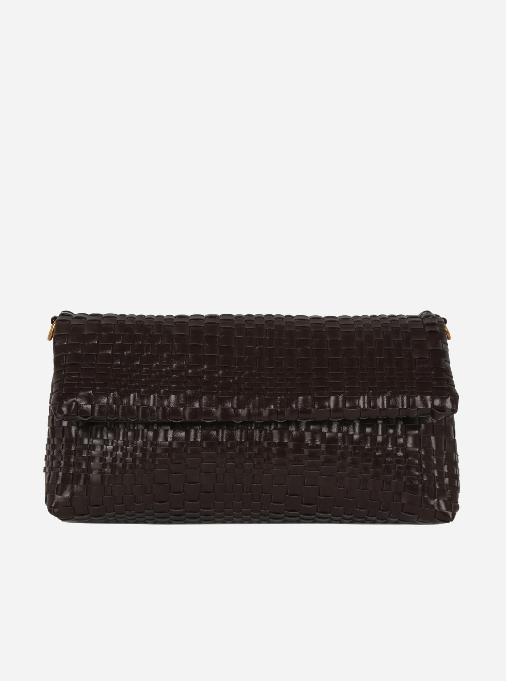 HVISK Arlene Braided Raw Structure bag in umber brown - woven leather clutch with fold-over flap and gold hardware