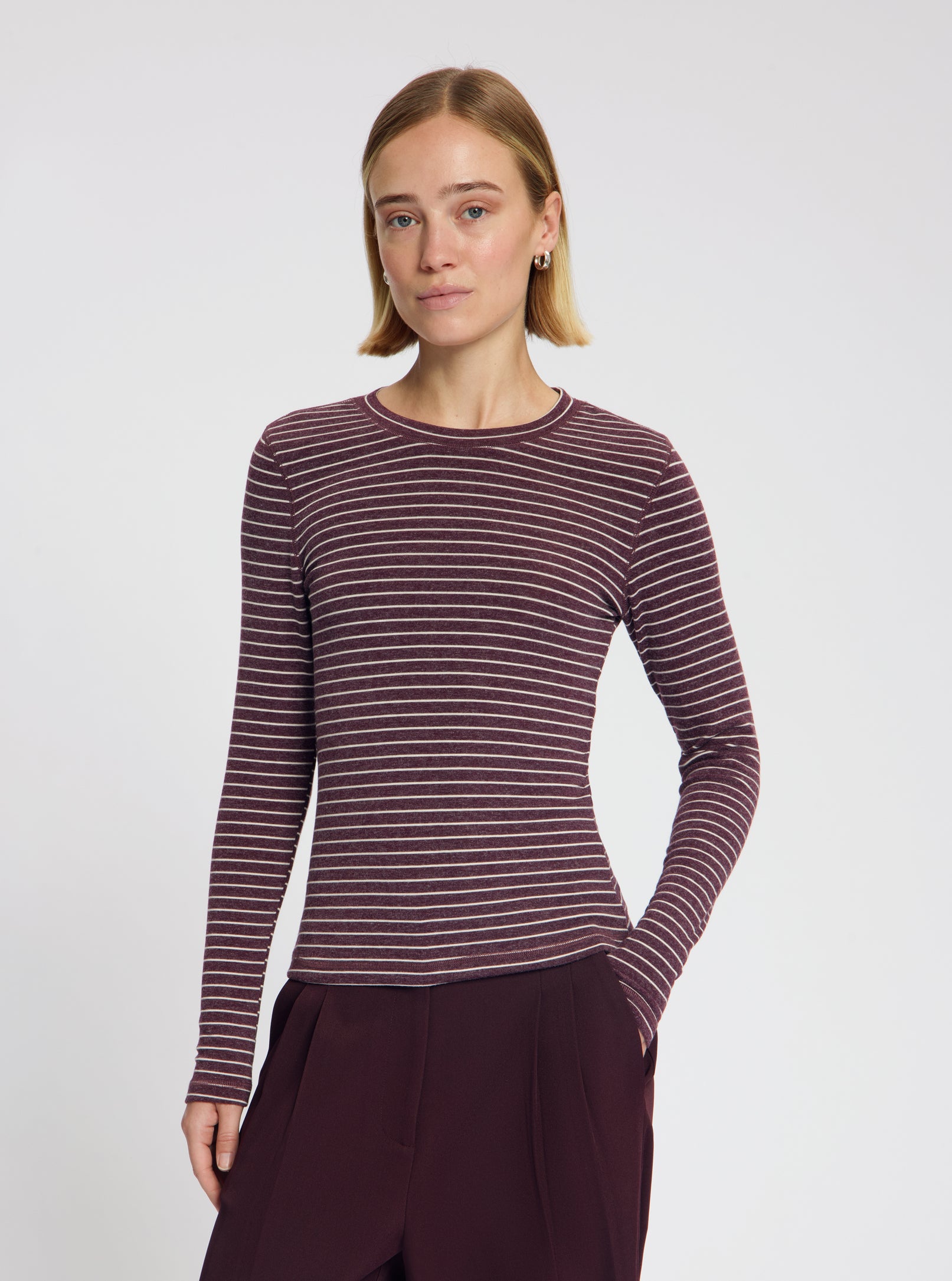 Model wearing Timmie stripe top in burgundy - NOUS SOMMES LABELS