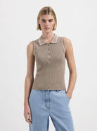 Sleeveless Knit Polo shirt with front buttons in light brown by Nous Sommes Labels 