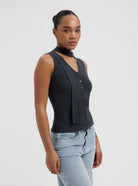 Dark grey sleeveless knit top with button front and choker neckline by Nous Sommes Labels 