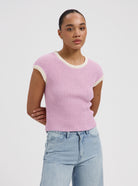 Pink textured knit cap sleeve top with contrast trim by Nous Sommes Labels 