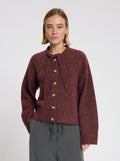 Model wearing the Siri Tie Cardigan in Burgundy - NOUS SOMMES LABELS