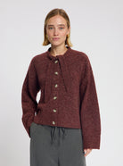 Model wearing the Siri Tie Cardigan in Burgundy - NOUS SOMMES LABELS