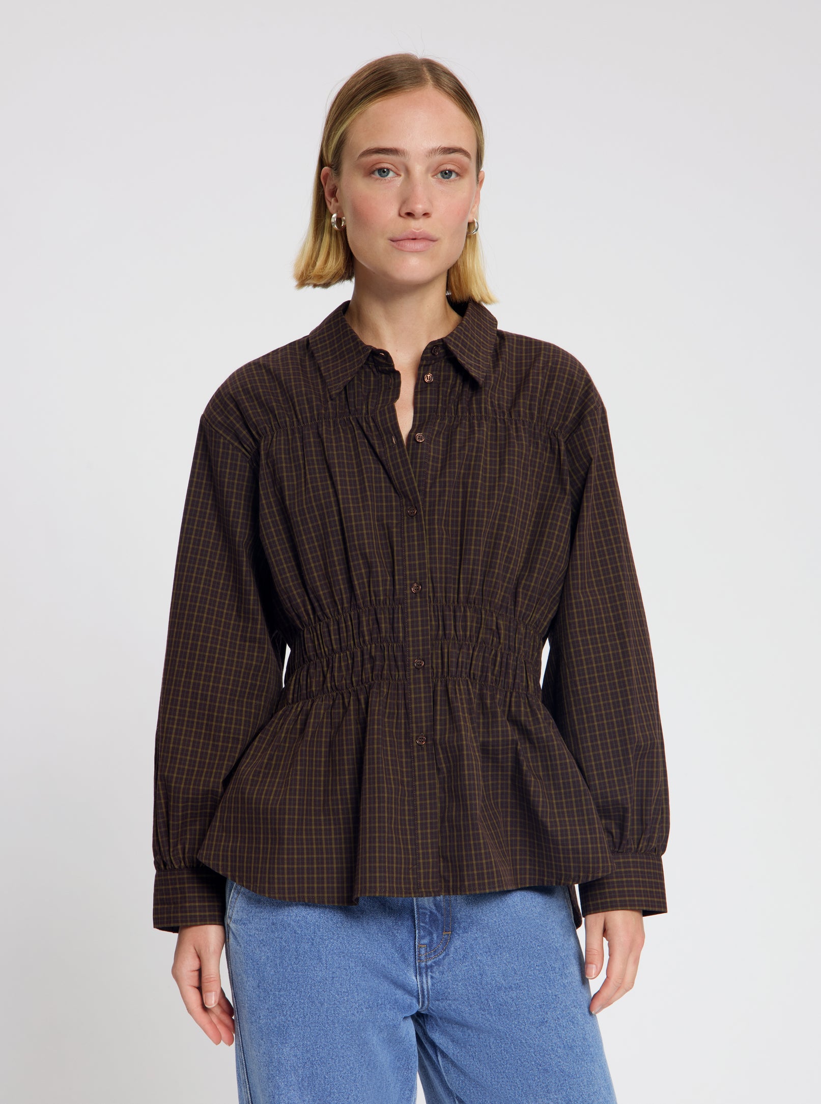 Model wearing the Lou Blouse in Brown Checked - NOUS SOMMES LABELS