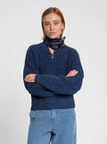 Model wearing the Lara Cardigan in Navy - NOUS SOMMES LABELS