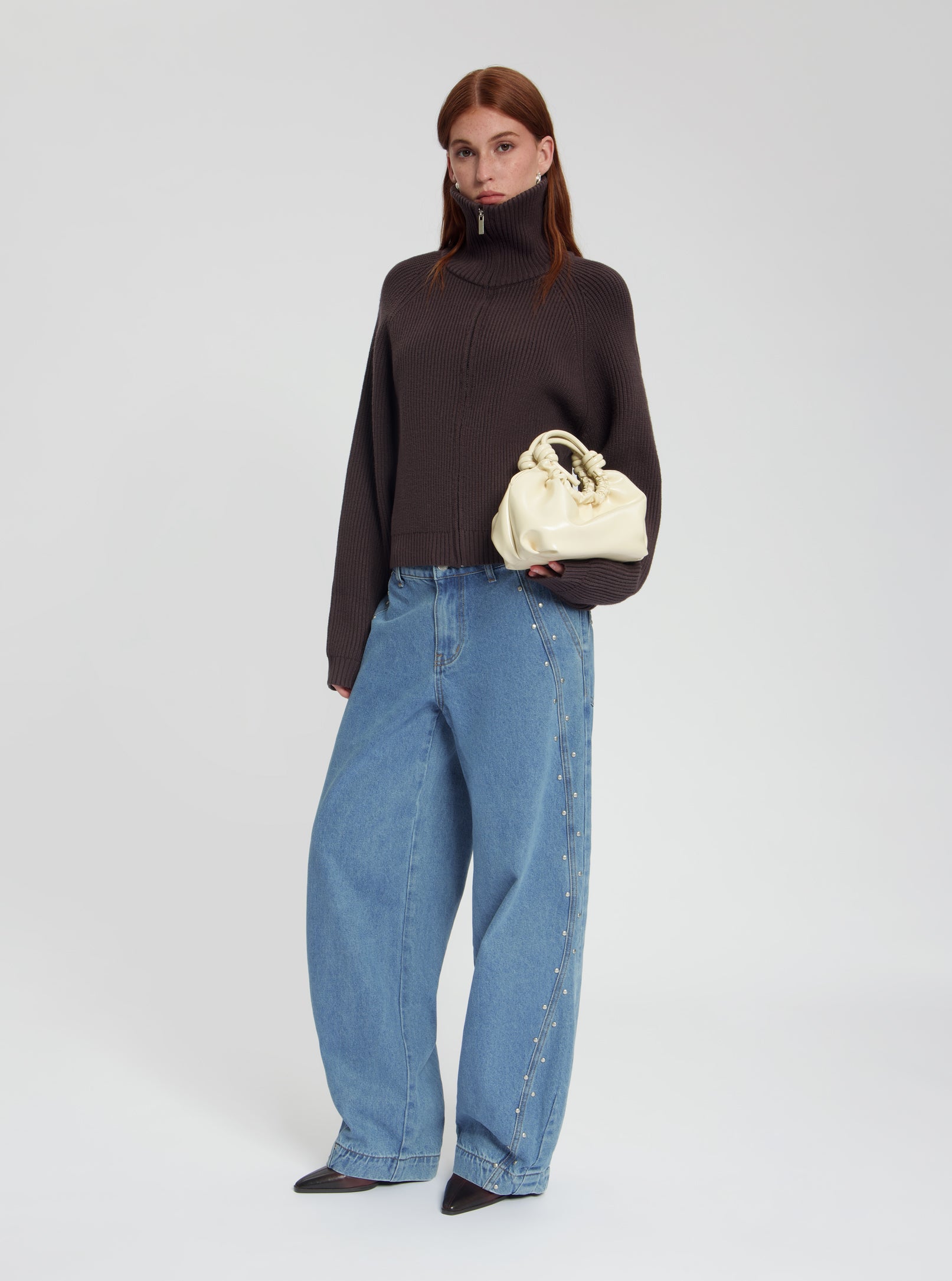 Model wearing High Zip Collar Knit Cardigan in purple - NOUS SOMMES LABELS 