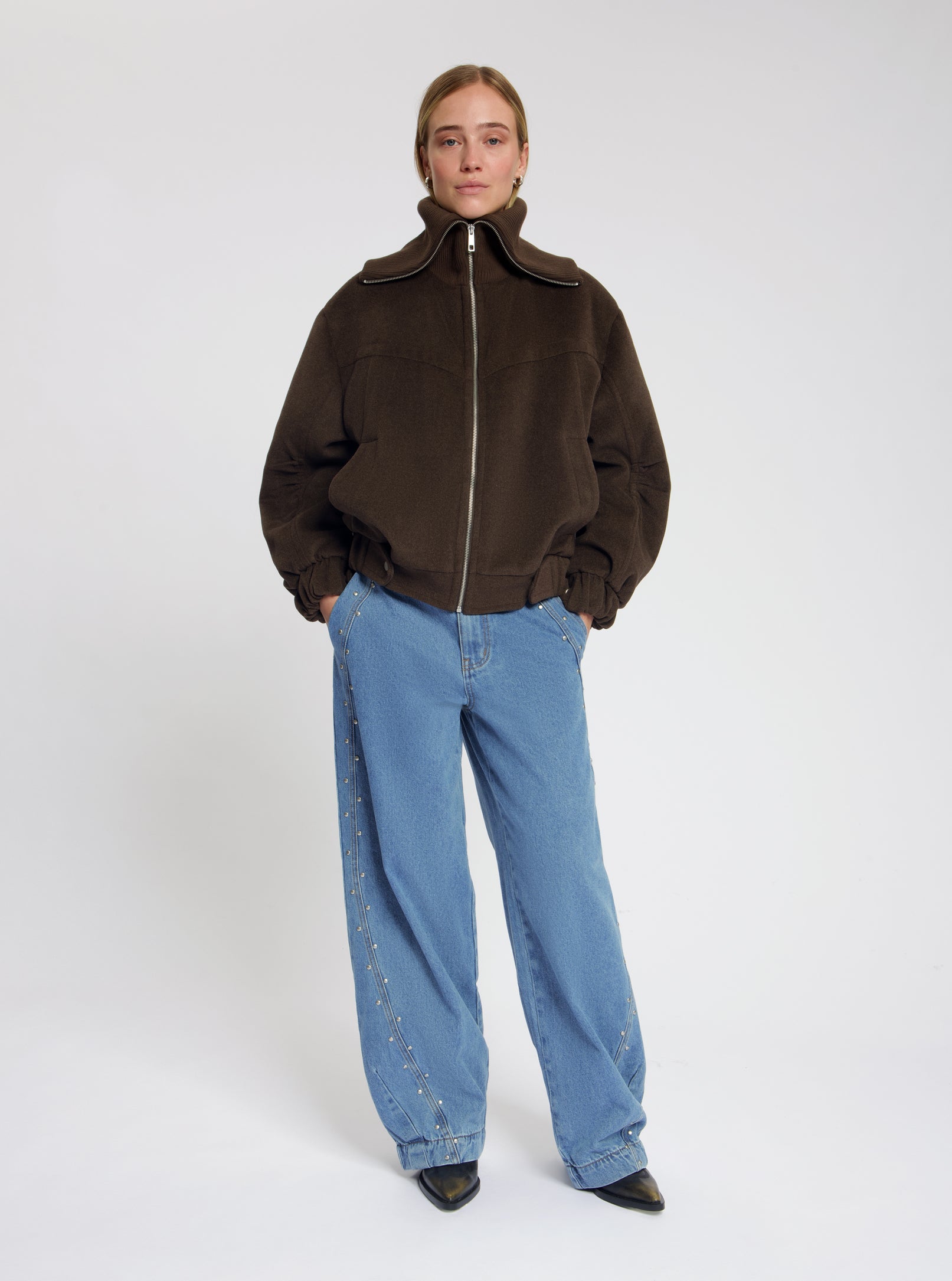 Model wearing the Mikkie Wool Bomber in Brown - NOUS SOMMES LABELS