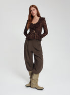 Model wearing Noor Lace top in brown - NOUS SOMMES LABELS 
