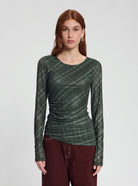 Model wearing Lila Mesh Top in black checked - NOUS SOMMES LABELS 