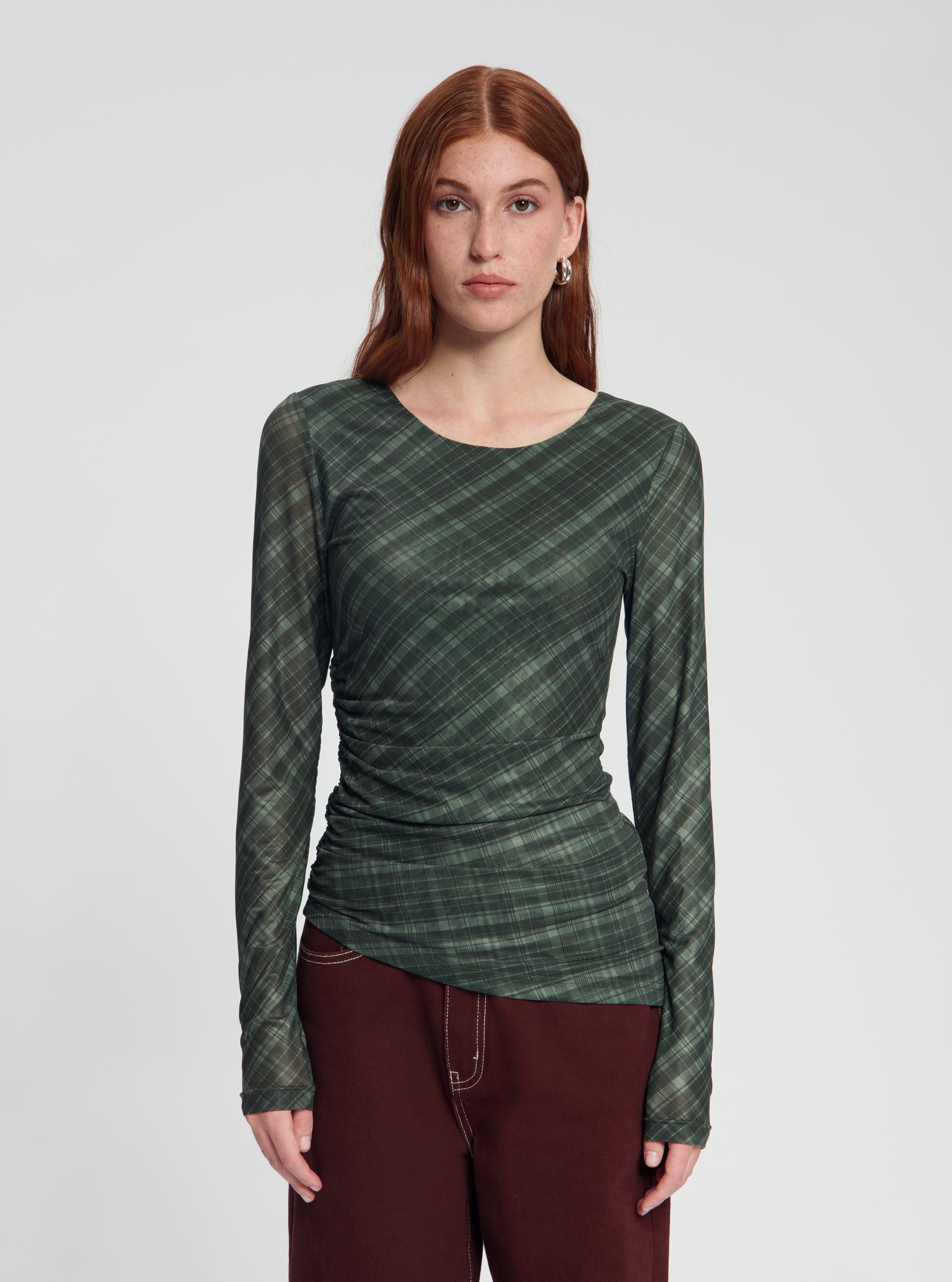 Model wearing Lila Mesh Top in black checked - NOUS SOMMES LABELS 