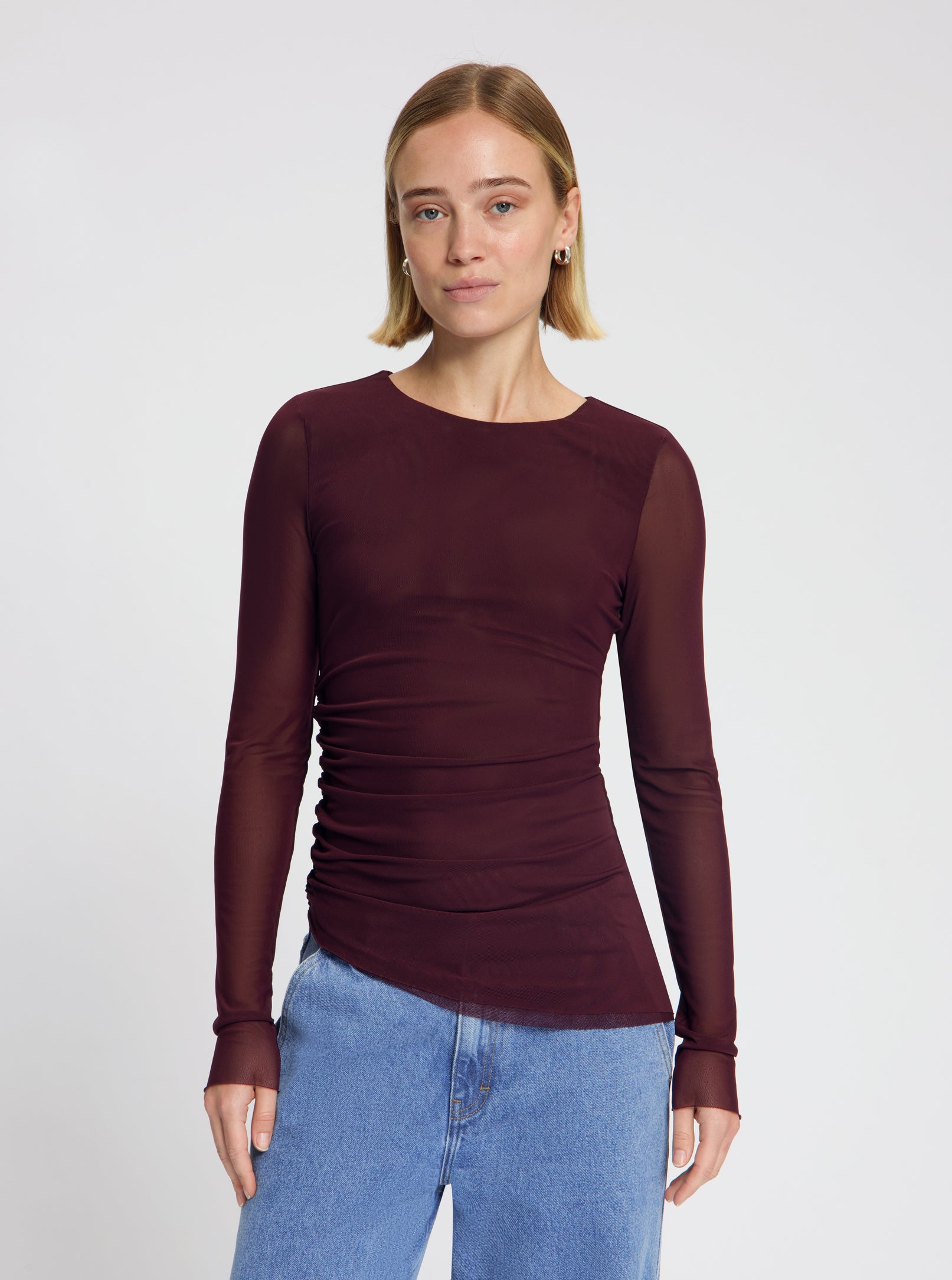 Model wearing the Lila Mesh Top in Burgundy - NOUS SOMMES LABELS