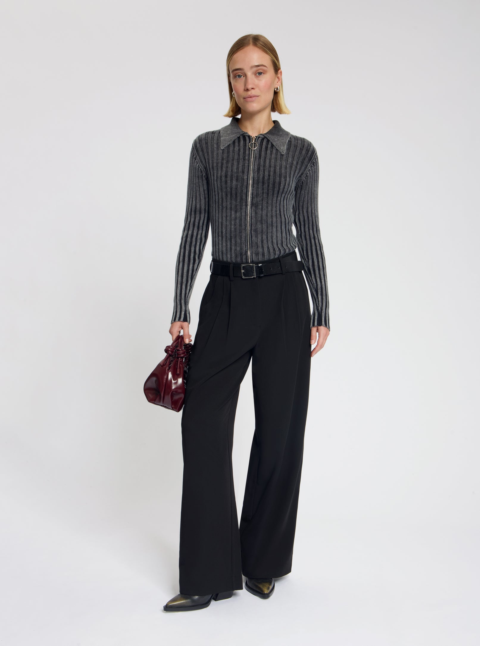 Model wearing the Tess Rib Cardigan in Black - NOUS SOMMES LABELS