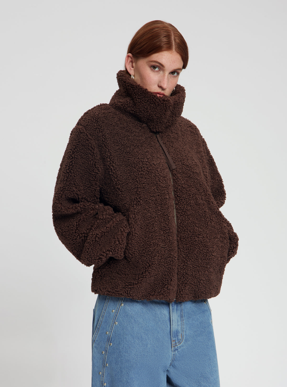 Model wearing Fay Teddy Jacket in brown - NOUS SOMMES LABELS 